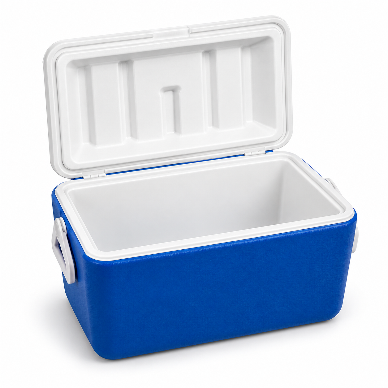 Blue ABS cooler box with white rim and hinged white lid open, showing the white insulated interior