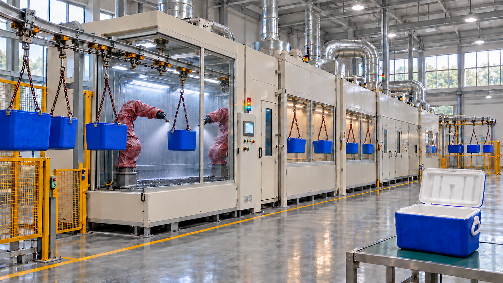 Proposal illustration of a robotic electrostatic spray line: blue ABS cooler boxes on an overhead conveyor pass glass-fronted booths where two paint robots spray each box